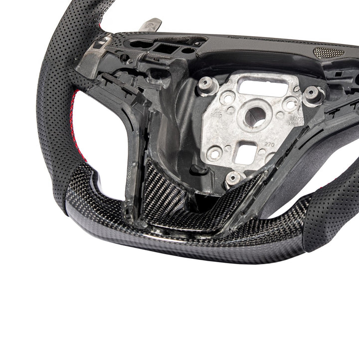 2012-2015 Chevrolet Camaro Carbon Fiber Replacement Steering Wheel Gloss Carbon Fiber Red Stitching Red Top Stripe