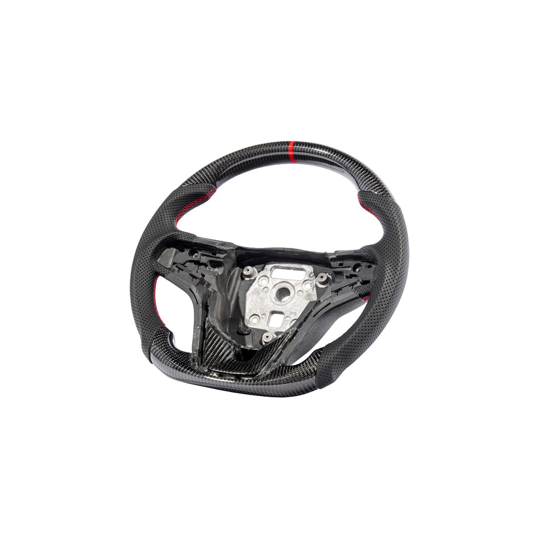 2012-2015 Chevrolet Camaro Carbon Fiber Replacement Steering Wheel Gloss Carbon Fiber Red Stitching Red Top Stripe