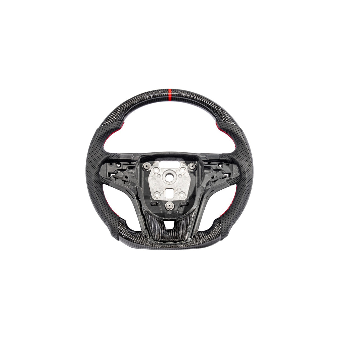 2012-2015 Chevrolet Camaro Carbon Fiber Replacement Steering Wheel Gloss Carbon Fiber Red Stitching Red Top Stripe