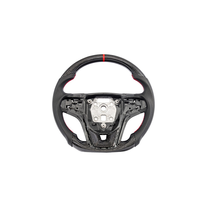 2012-2015 Chevrolet Camaro Carbon Fiber Replacement Steering Wheel Gloss Carbon Fiber Red Stitching Red Top Stripe