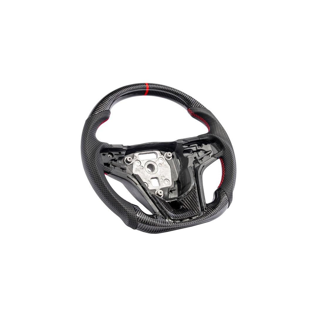 2012-2015 Chevrolet Camaro Carbon Fiber Replacement Steering Wheel Gloss Carbon Fiber Red Stitching Red Top Stripe