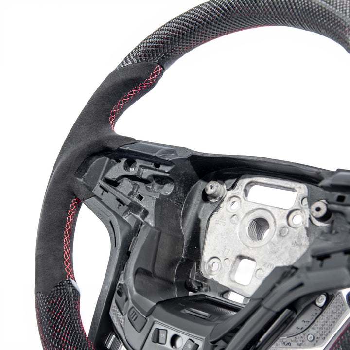 2012-2015 Chevrolet Camaro Carbon Fiber Replacement Steering Wheel Gloss Carbon Fiber Red Stitching Red Top Stripe