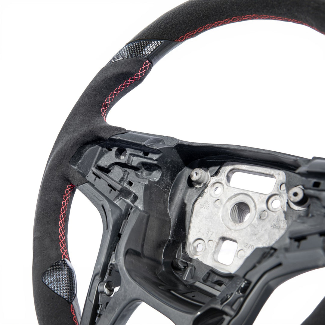 2012-2015 Chevrolet Camaro Carbon Fiber Replacement Steering Wheel Gloss Carbon Fiber Red Stitching Red Top Stripe