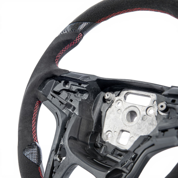 2012-2015 Chevrolet Camaro Carbon Fiber Replacement Steering Wheel Gloss Carbon Fiber Red Stitching Red Top Stripe
