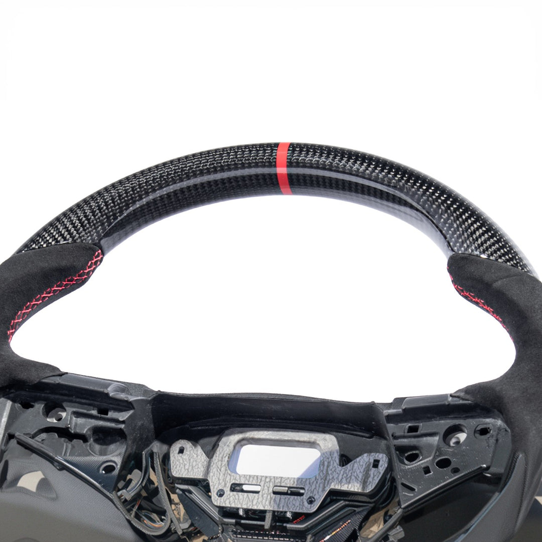 2012-2015 Chevrolet Camaro Carbon Fiber Replacement Steering Wheel Gloss Carbon Fiber Red Stitching Red Top Stripe