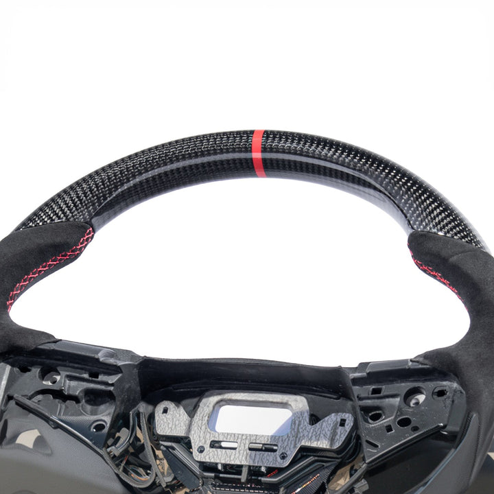 2012-2015 Chevrolet Camaro Carbon Fiber Replacement Steering Wheel Gloss Carbon Fiber Red Stitching Red Top Stripe