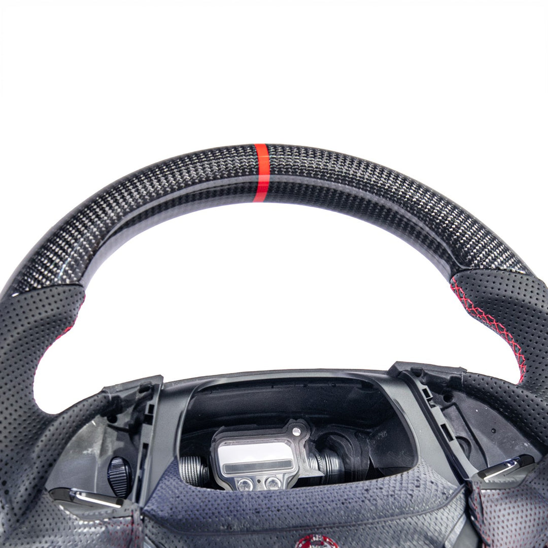 2016-2024 Chevrolet Camaro Carbon Fiber Replacement Steering Wheel Gloss Carbon Fiber Red Stitching Red Top Stripe
