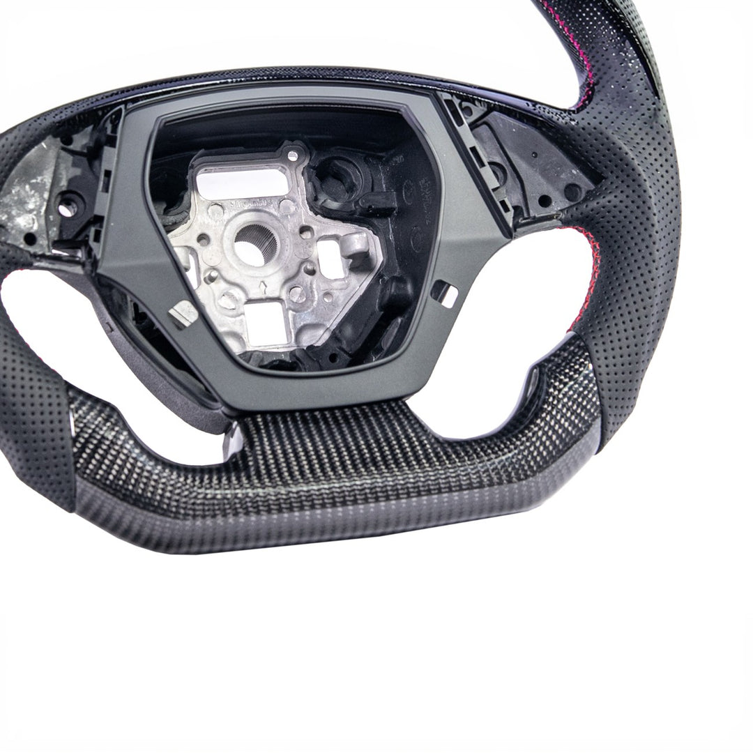 2016-2024 Chevrolet Camaro Carbon Fiber Replacement Steering Wheel Gloss Carbon Fiber Red Stitching Red Top Stripe