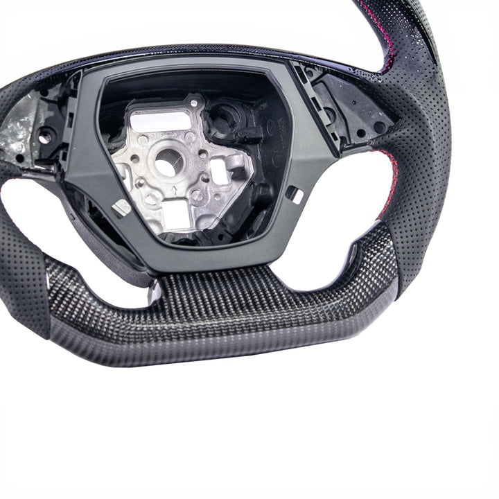 2016-2024 Chevrolet Camaro Carbon Fiber Replacement Steering Wheel Gloss Carbon Fiber Red Stitching Red Top Stripe