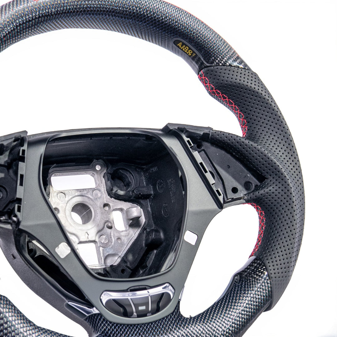 2016-2024 Chevrolet Camaro Carbon Fiber Replacement Steering Wheel Gloss Carbon Fiber Red Stitching Red Top Stripe