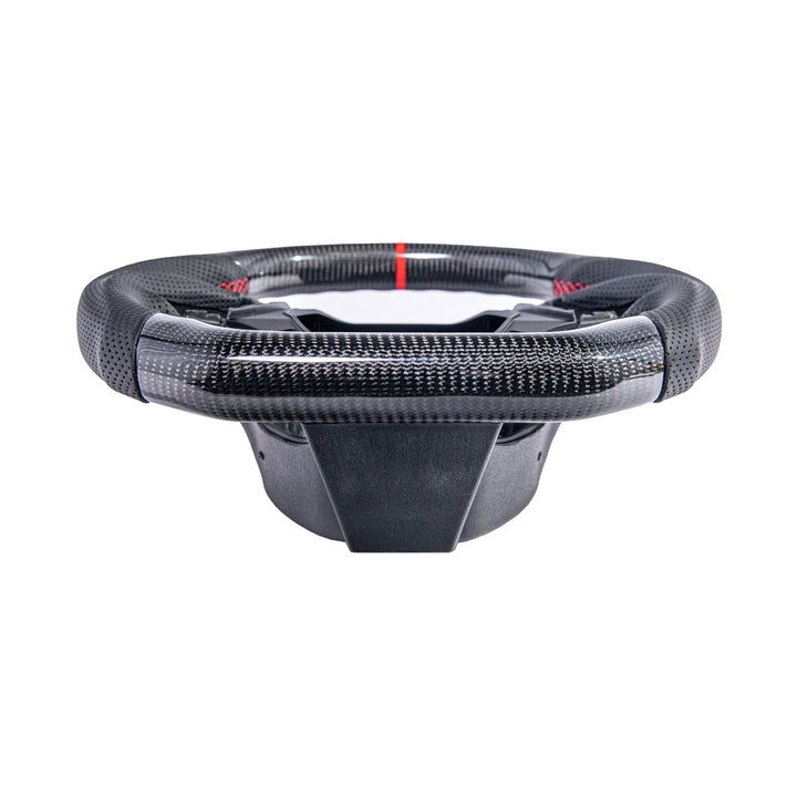 2016-2024 Chevrolet Camaro Carbon Fiber Replacement Steering Wheel Gloss Carbon Fiber Red Stitching Red Top Stripe