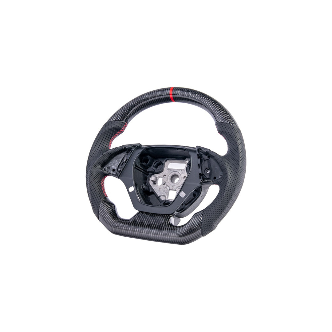 2016-2024 Chevrolet Camaro Carbon Fiber Replacement Steering Wheel Gloss Carbon Fiber Red Stitching Red Top Stripe