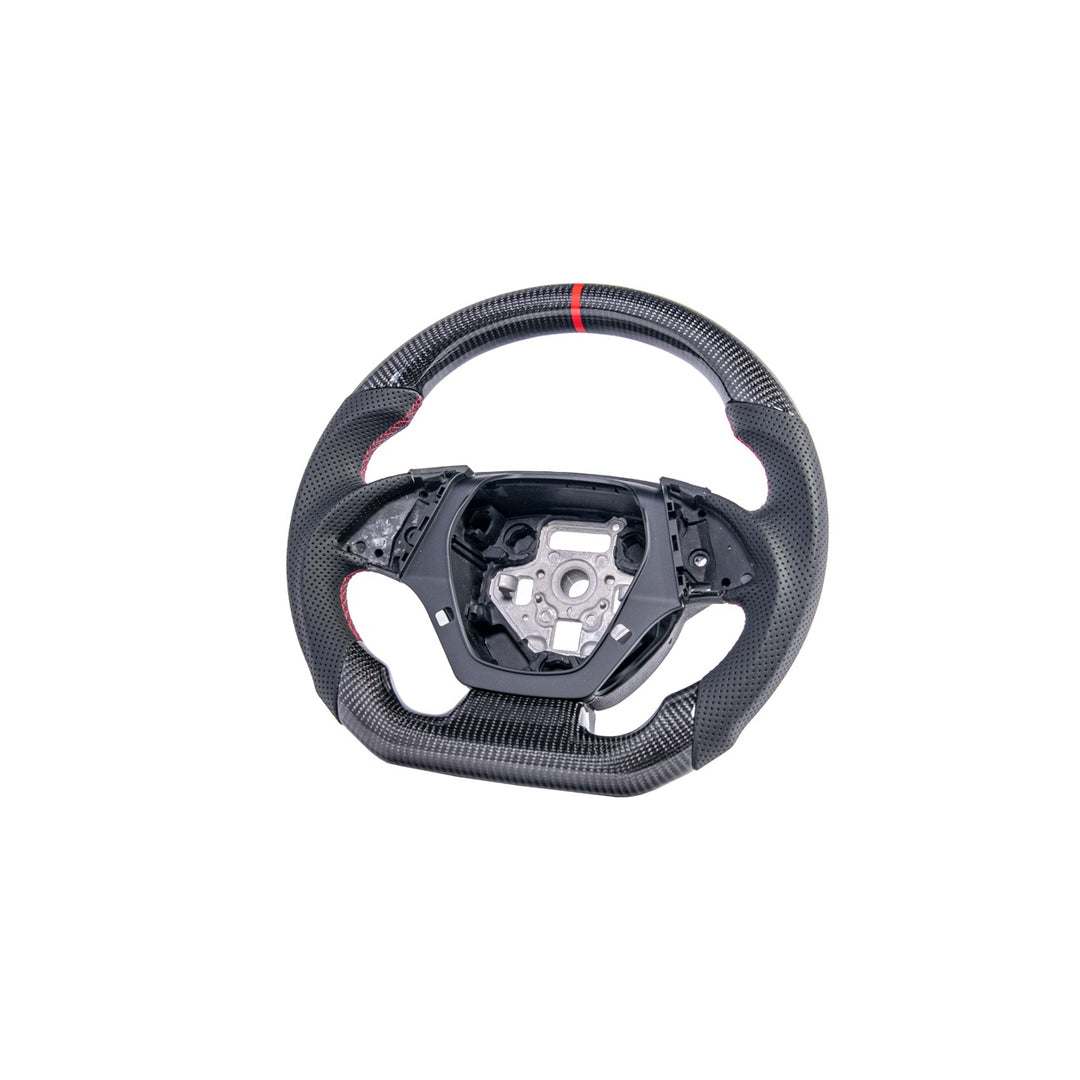2016-2024 Chevrolet Camaro Carbon Fiber Replacement Steering Wheel Gloss Carbon Fiber Red Stitching Red Top Stripe