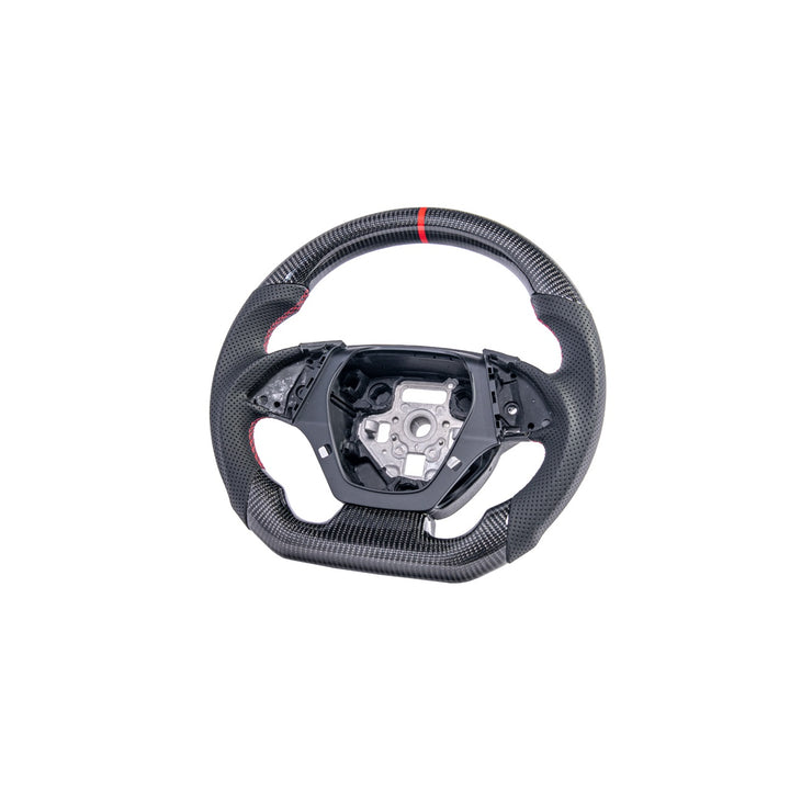 2016-2024 Chevrolet Camaro Carbon Fiber Replacement Steering Wheel Gloss Carbon Fiber Red Stitching Red Top Stripe