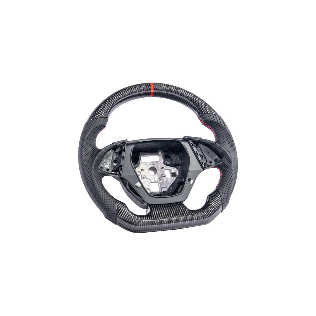 2016-2024 Chevrolet Camaro Carbon Fiber Replacement Steering Wheel Gloss Carbon Fiber Red Stitching Red Top Stripe