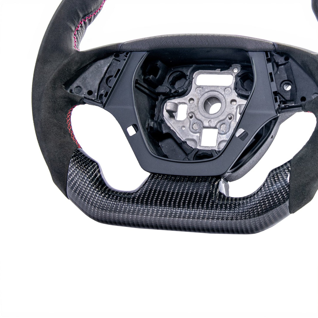 2016-2024 Chevrolet Camaro Carbon Fiber Round Top Flat Bottom Replacement Steering Wheel Gloss Carbon Fiber Red Stitching Red Top Stripe
