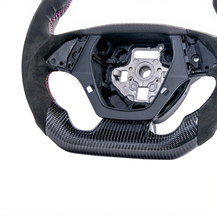 2016-2024 Chevrolet Camaro Carbon Fiber Round Top Flat Bottom Replacement Steering Wheel Gloss Carbon Fiber Red Stitching Red Top Stripe