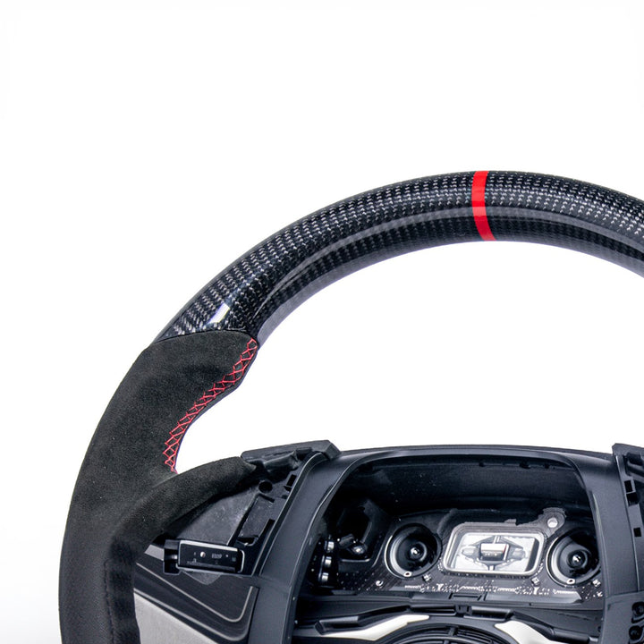 2016-2024 Chevrolet Camaro Carbon Fiber Round Top Flat Bottom Replacement Steering Wheel Gloss Carbon Fiber Red Stitching Red Top Stripe