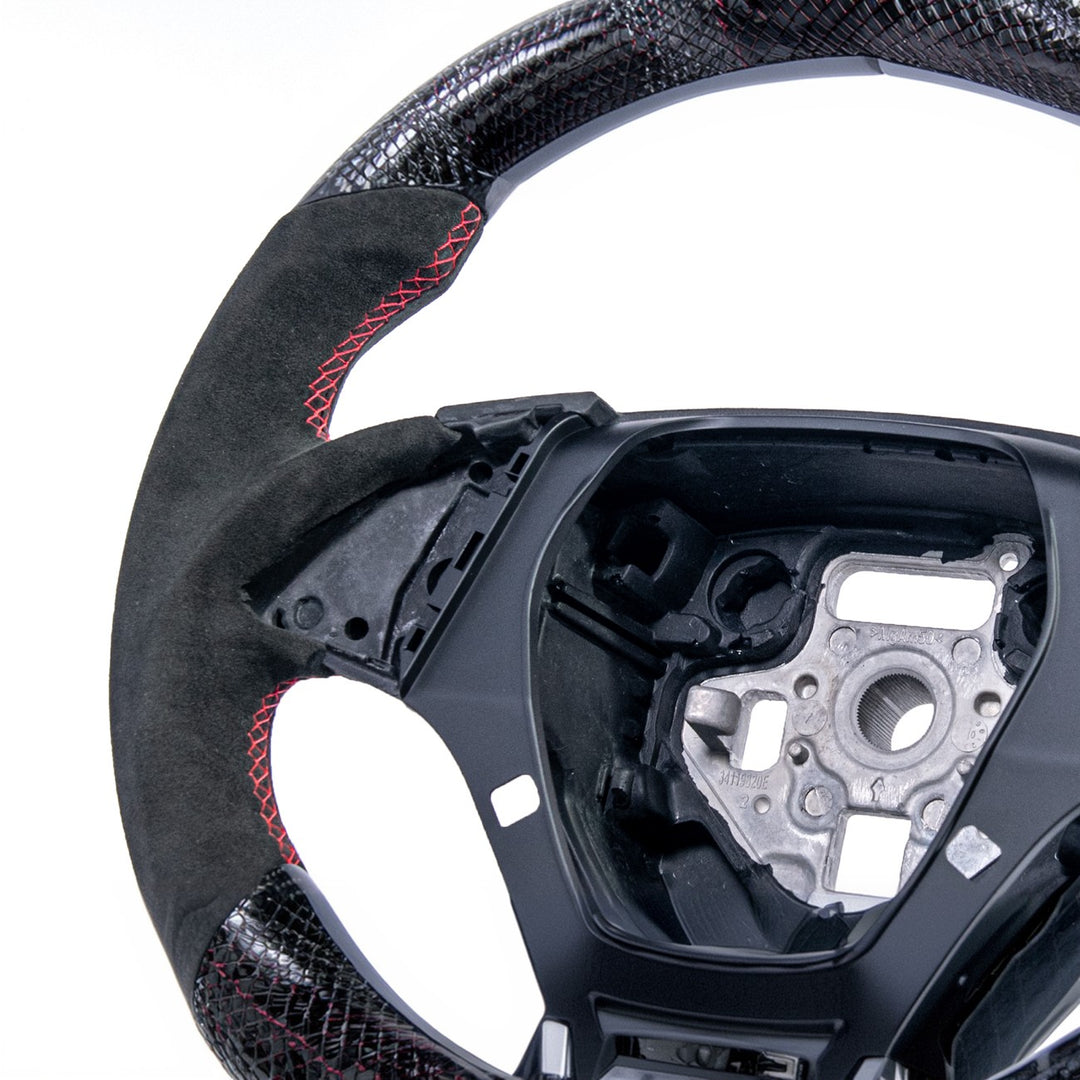 2016-2024 Chevrolet Camaro Carbon Fiber Round Top Flat Bottom Replacement Steering Wheel Gloss Carbon Fiber Red Stitching Red Top Stripe