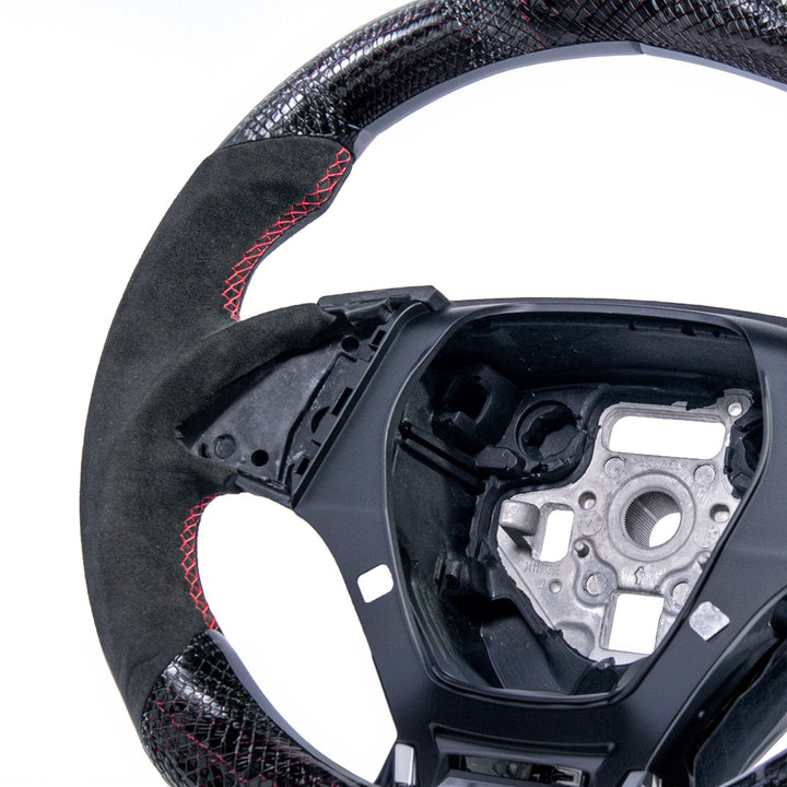 2016-2024 Chevrolet Camaro Carbon Fiber Round Top Flat Bottom Replacement Steering Wheel Gloss Carbon Fiber Red Stitching Red Top Stripe