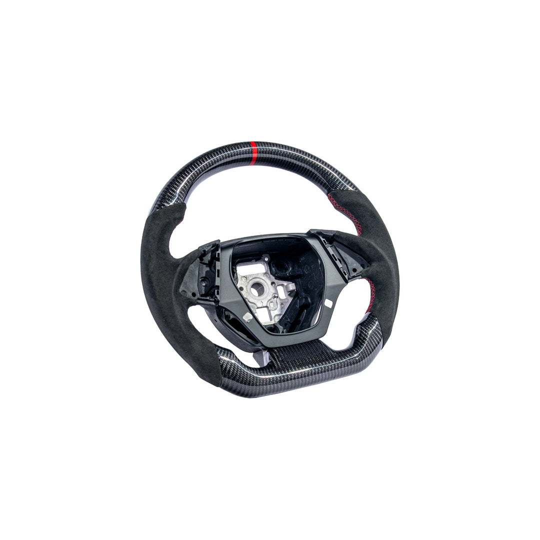 2016-2024 Chevrolet Camaro Carbon Fiber Round Top Flat Bottom Replacement Steering Wheel Gloss Carbon Fiber Red Stitching Red Top Stripe