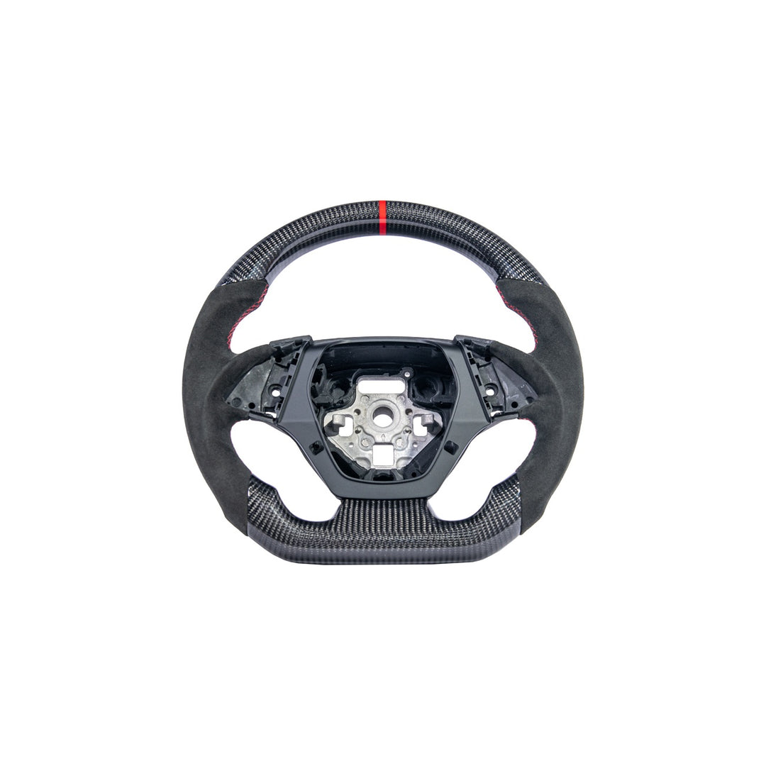 2016-2024 Chevrolet Camaro Carbon Fiber Round Top Flat Bottom Replacement Steering Wheel Gloss Carbon Fiber Red Stitching Red Top Stripe