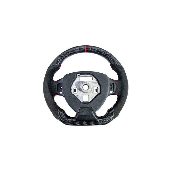 2016-2024 Chevrolet Camaro Carbon Fiber Round Top Flat Bottom Replacement Steering Wheel Gloss Carbon Fiber Red Stitching Red Top Stripe