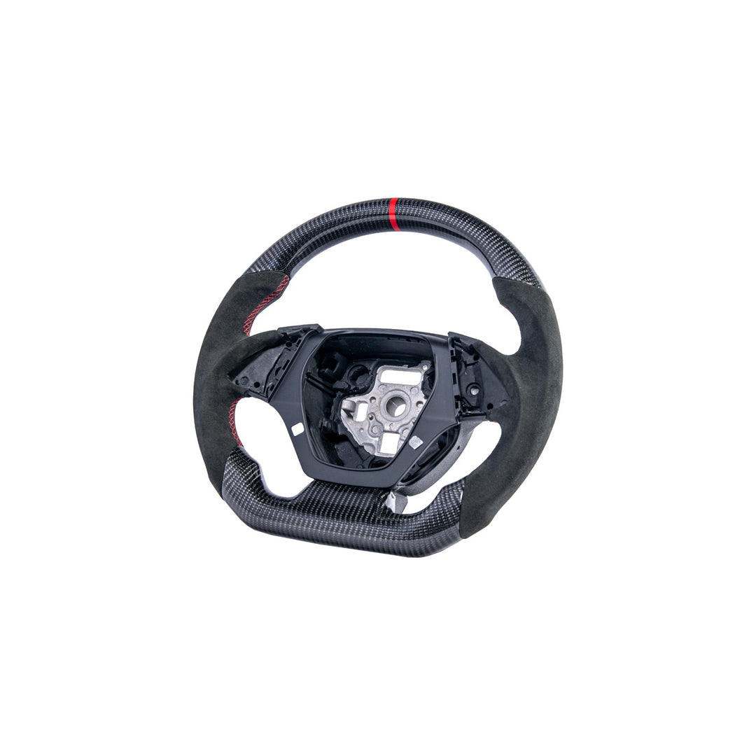 2016-2024 Chevrolet Camaro Carbon Fiber Round Top Flat Bottom Replacement Steering Wheel Gloss Carbon Fiber Red Stitching Red Top Stripe