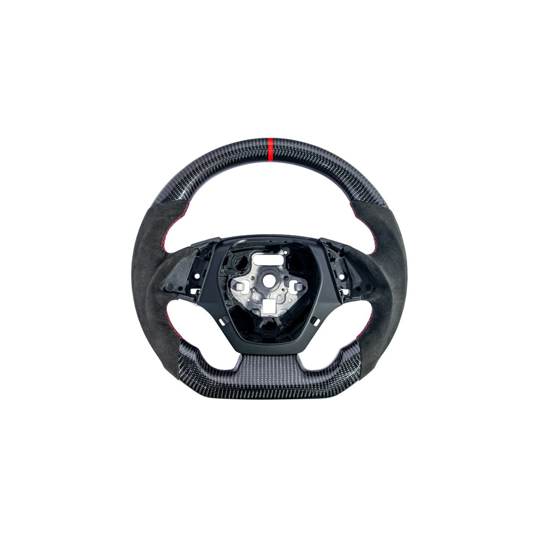 2016-2024 Chevrolet Camaro Carbon Fiber Round Top Flat Bottom Replacement Steering Wheel Gloss Carbon Fiber Red Stitching Red Top Stripe