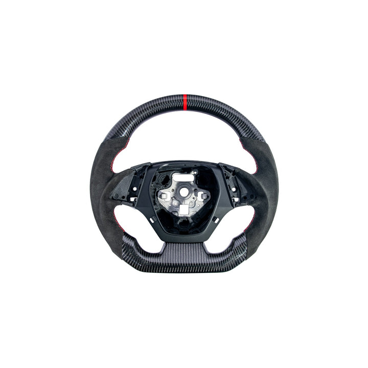 2016-2024 Chevrolet Camaro Carbon Fiber Round Top Flat Bottom Replacement Steering Wheel Gloss Carbon Fiber Red Stitching Red Top Stripe