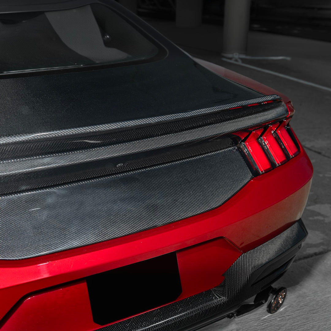 2024-Up Ford Mustang Carbon Fiber Replacement Rear Trunk with Integrated Ducktail Spoiler Ca rbon Fiber TRUNK-1465-BKCF