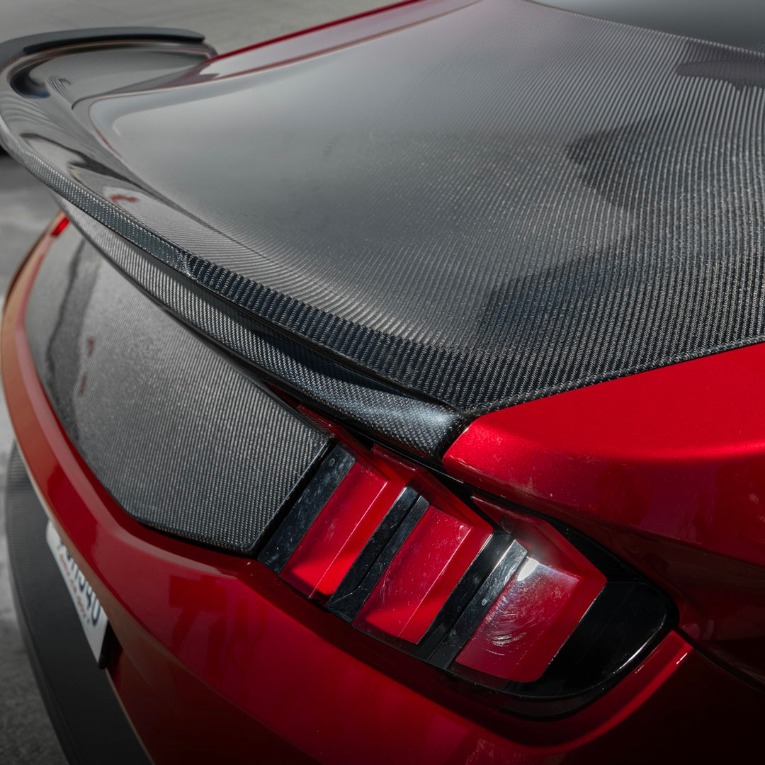 2024-Up Ford Mustang Carbon Fiber Replacement Rear Trunk with Integrated Ducktail Spoiler Ca rbon Fiber TRUNK-1465-BKCF