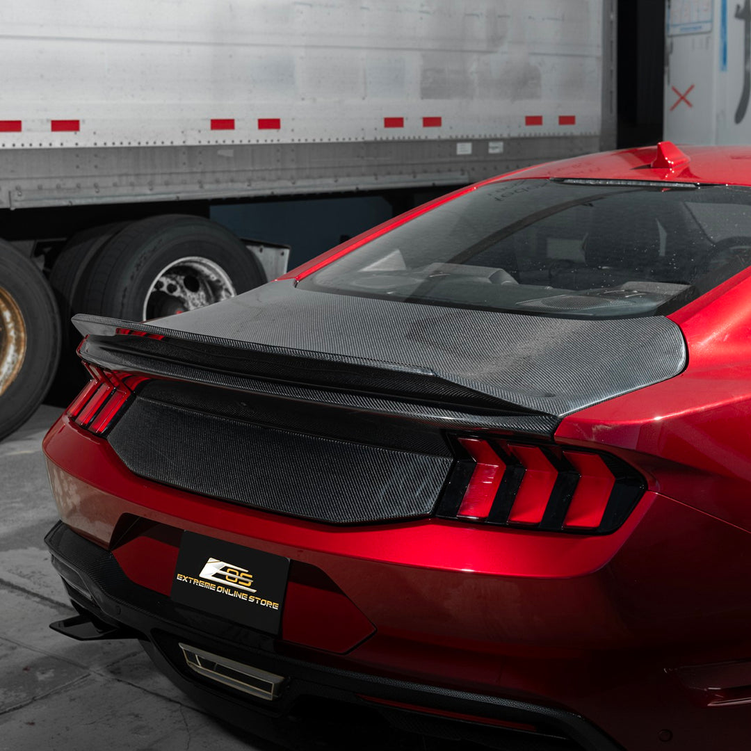 2024-Up Ford Mustang Carbon Fiber Replacement Rear Trunk with Integrated Ducktail Spoiler Ca rbon Fiber TRUNK-1465-BKCF