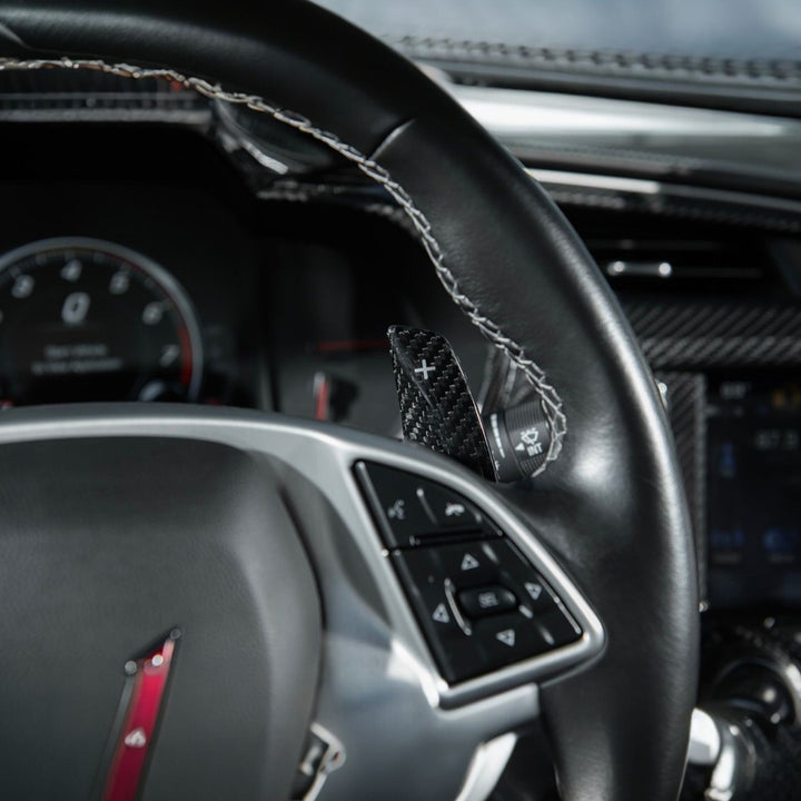 Corvette C7 Carbon Fiber Factory Extended Style Paddle Shifter Extensions VENT-1351-BKCF
