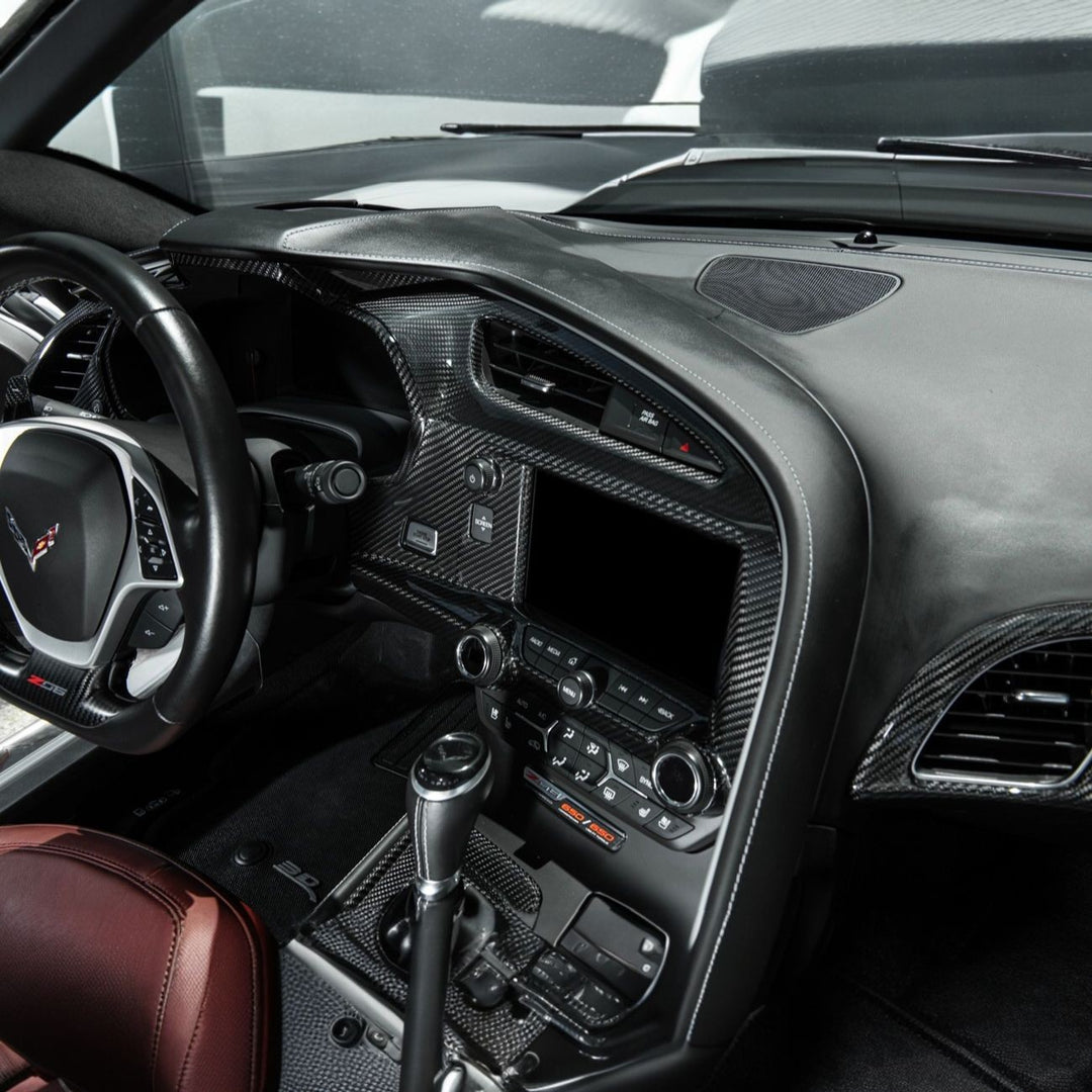 Corvette C7 Dry Carbon Fiber Center Infotainment Instrument Panel Cluster Trim Plate Cover Overlay Glossy 3K Twill Weave Carbon Fiber VENT-1400-BKCF