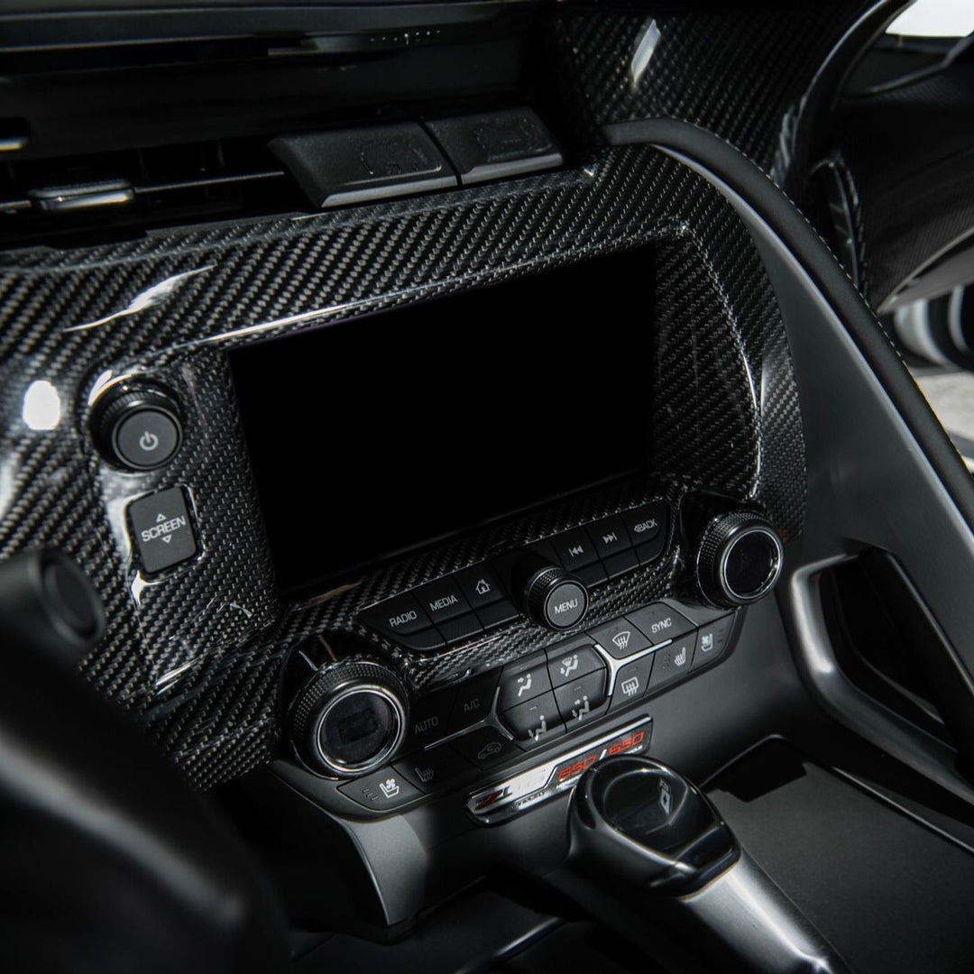 Corvette C7 Dry Carbon Fiber Center Infotainment Instrument Panel Cluster Trim Plate Cover Overlay Glossy 3K Twill Weave Carbon Fiber VENT-1400-BKCF