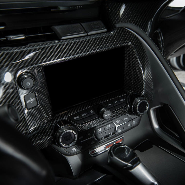 Corvette C7 Dry Carbon Fiber Center Infotainment Instrument Panel Cluster Trim Plate Cover Overlay Glossy 3K Twill Weave Carbon Fiber VENT-1400-BKCF
