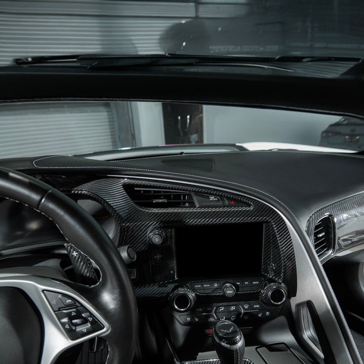Corvette C7 Dry Carbon Fiber Center Infotainment Instrument Panel Cluster Trim Plate Cover Overlay Glossy 3K Twill Weave Carbon Fiber VENT-1400-BKCF