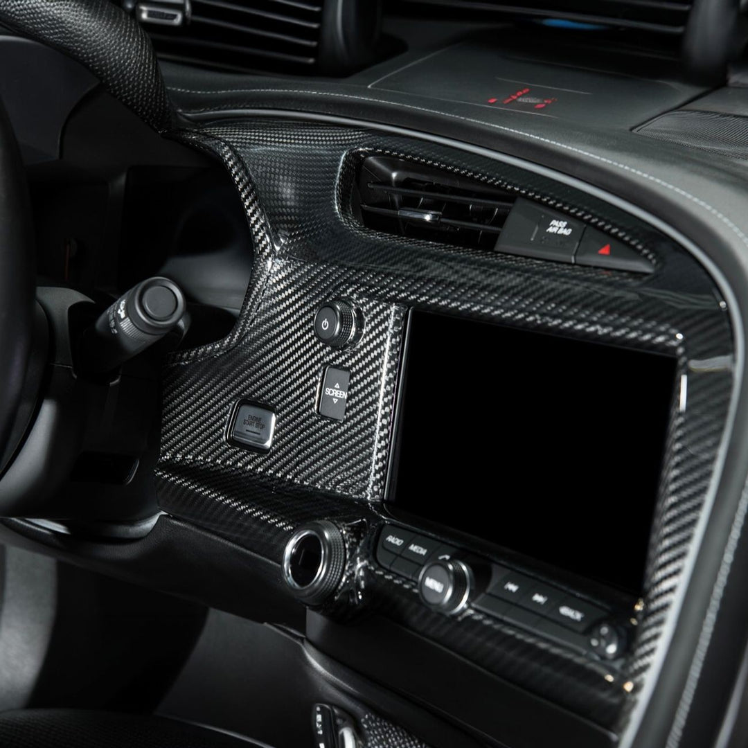 Corvette C7 Dry Carbon Fiber Center Infotainment Instrument Panel Cluster Trim Plate Cover Overlay Glossy 3K Twill Weave Carbon Fiber VENT-1400-BKCF