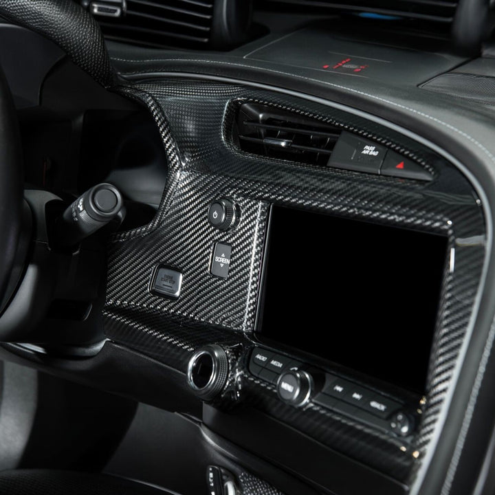 Corvette C7 Dry Carbon Fiber Center Infotainment Instrument Panel Cluster Trim Plate Cover Overlay Glossy 3K Twill Weave Carbon Fiber VENT-1400-BKCF