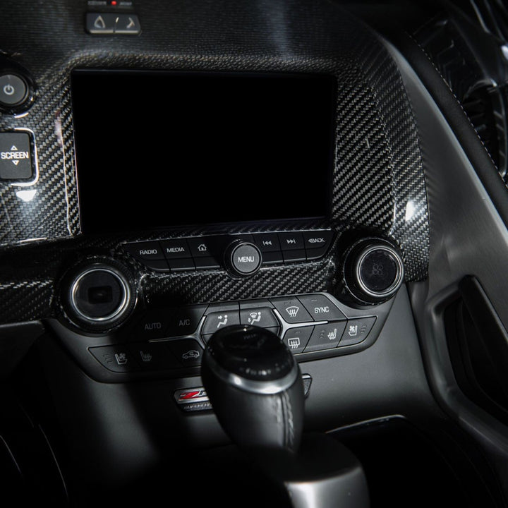 Corvette C7 Dry Carbon Fiber Center Infotainment Instrument Panel Cluster Trim Plate Cover Overlay Glossy 3K Twill Weave Carbon Fiber VENT-1400-BKCF