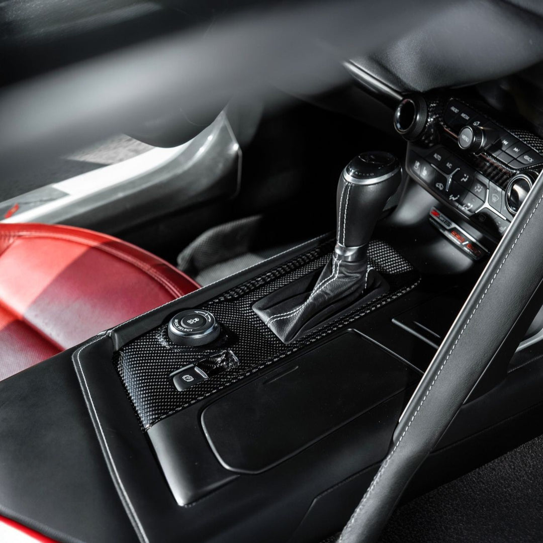 Corvette C7 Dry Carbon Fiber Center Console Shifter Trim Plate Cover Overlay Glossy 3K Twill Weave Carbon Fiber VENT-1402-BKCF