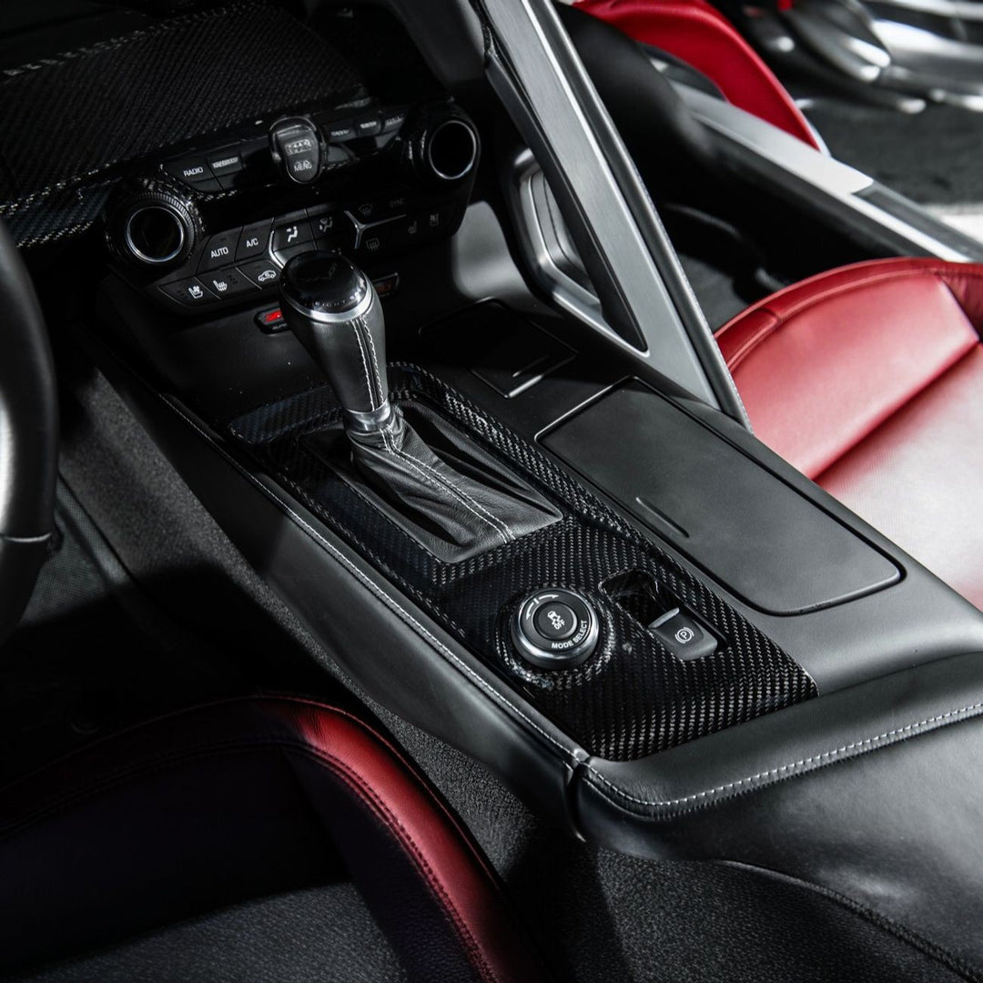 Corvette C7 Dry Carbon Fiber Center Console Shifter Trim Plate Cover Overlay Glossy 3K Twill Weave Carbon Fiber VENT-1402-BKCF