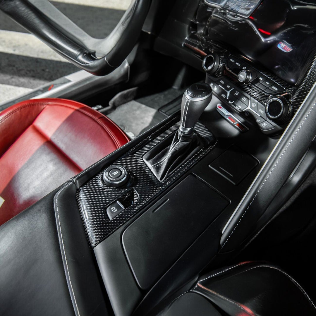 Corvette C7 Dry Carbon Fiber Center Console Shifter Trim Plate Cover Overlay Glossy 3K Twill Weave Carbon Fiber VENT-1402-BKCF