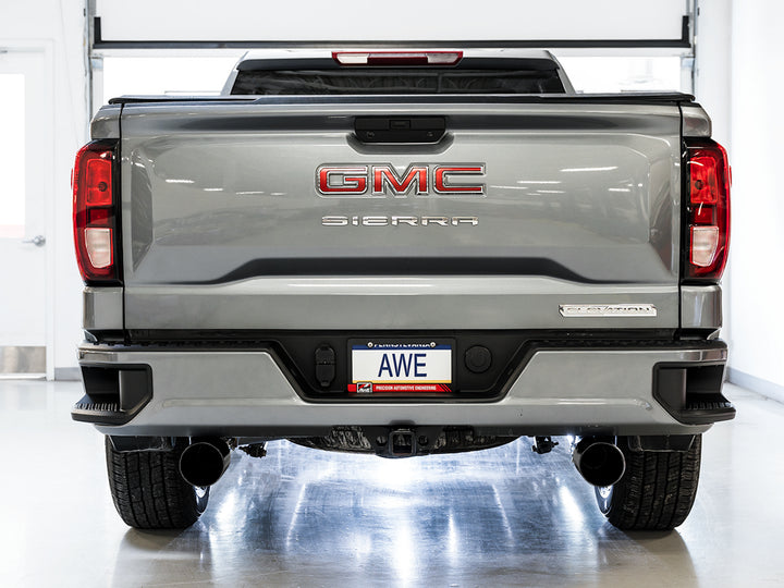 AWE 0FG Catback Split Rear Exit Exhaust for 4th Gen Silverado/Sierra 1500 5.3L (Flat Bumper) - Dual Diamond Black Tips