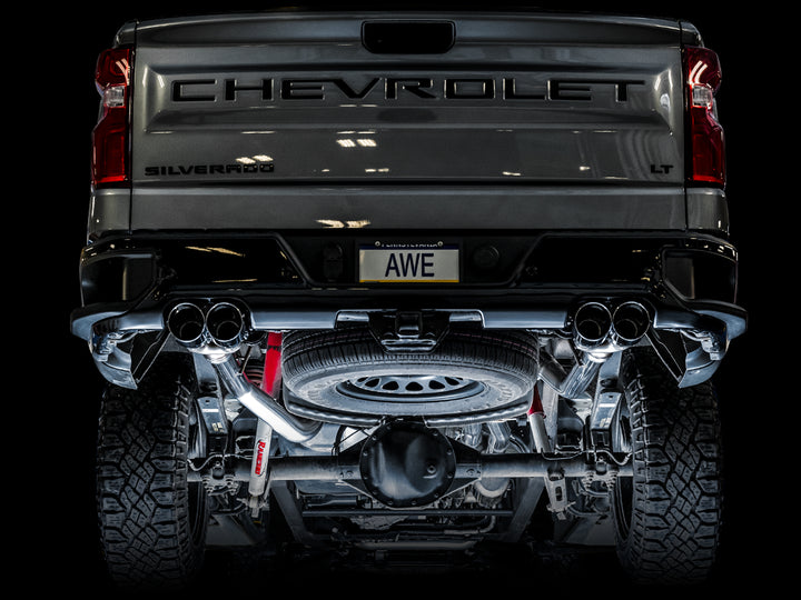 AWE 0FG Catback Split Rear Exit Exhaust for 4th Gen Silverado/Sierra 1500 6.2L (with bumper cutouts) - Quad Chrome Silver Tips