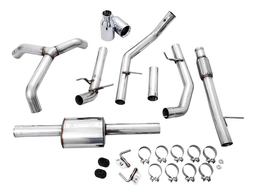 AWE 0FG Catback Split Rear Exit Exhaust for 4th Gen Silverado/Sierra 1500 5.3L (Flat Bumper) - Dual Chrome Silver Tips