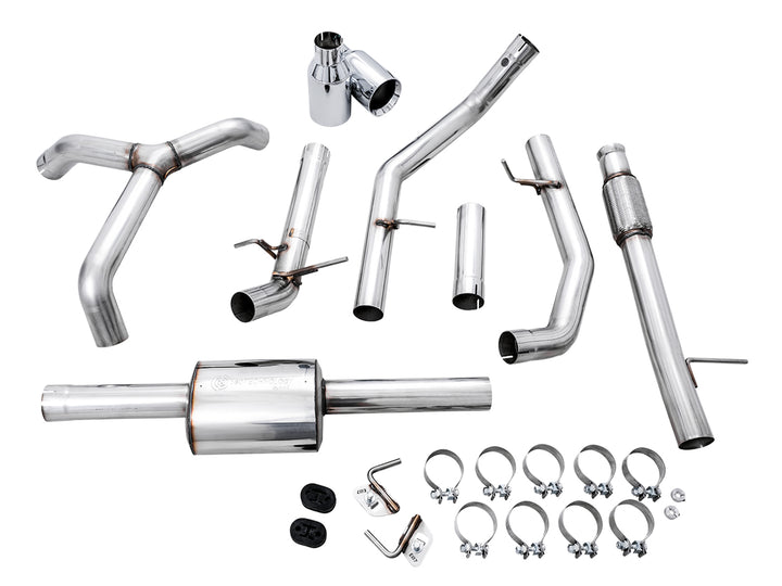 AWE 0FG Catback Split Rear Exit Exhaust for 4th Gen Silverado/Sierra 1500 5.3L (Flat Bumper) - Dual Chrome Silver Tips