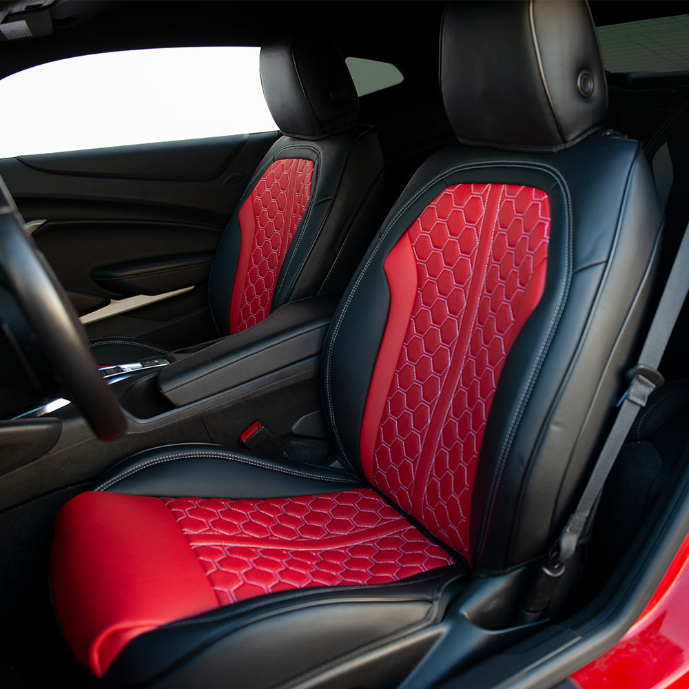 2016 Up Chevrolet Camaro Leather Interior Seat Covers Upholstery Coupe Black w Red Honeycomb Accent